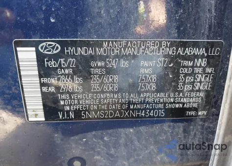 2022 Hyundai Santa Fe Sel z USA, uszkodzony, nr VIN 5NMS2DAJXNH434015
